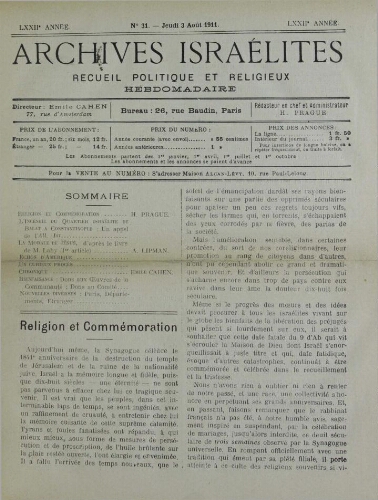 Archives israélites de France. Vol.72 N°31 (03 août 1911)